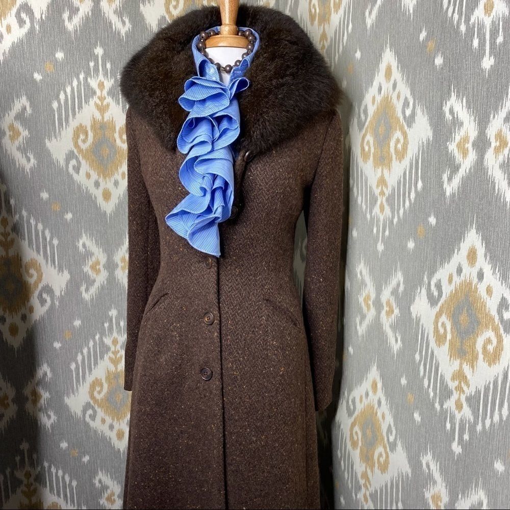 Ralph Lauren Cocoa Brown Lamb Tweed & Opossum Collar Full Length Coat - Picture 2 of 16
